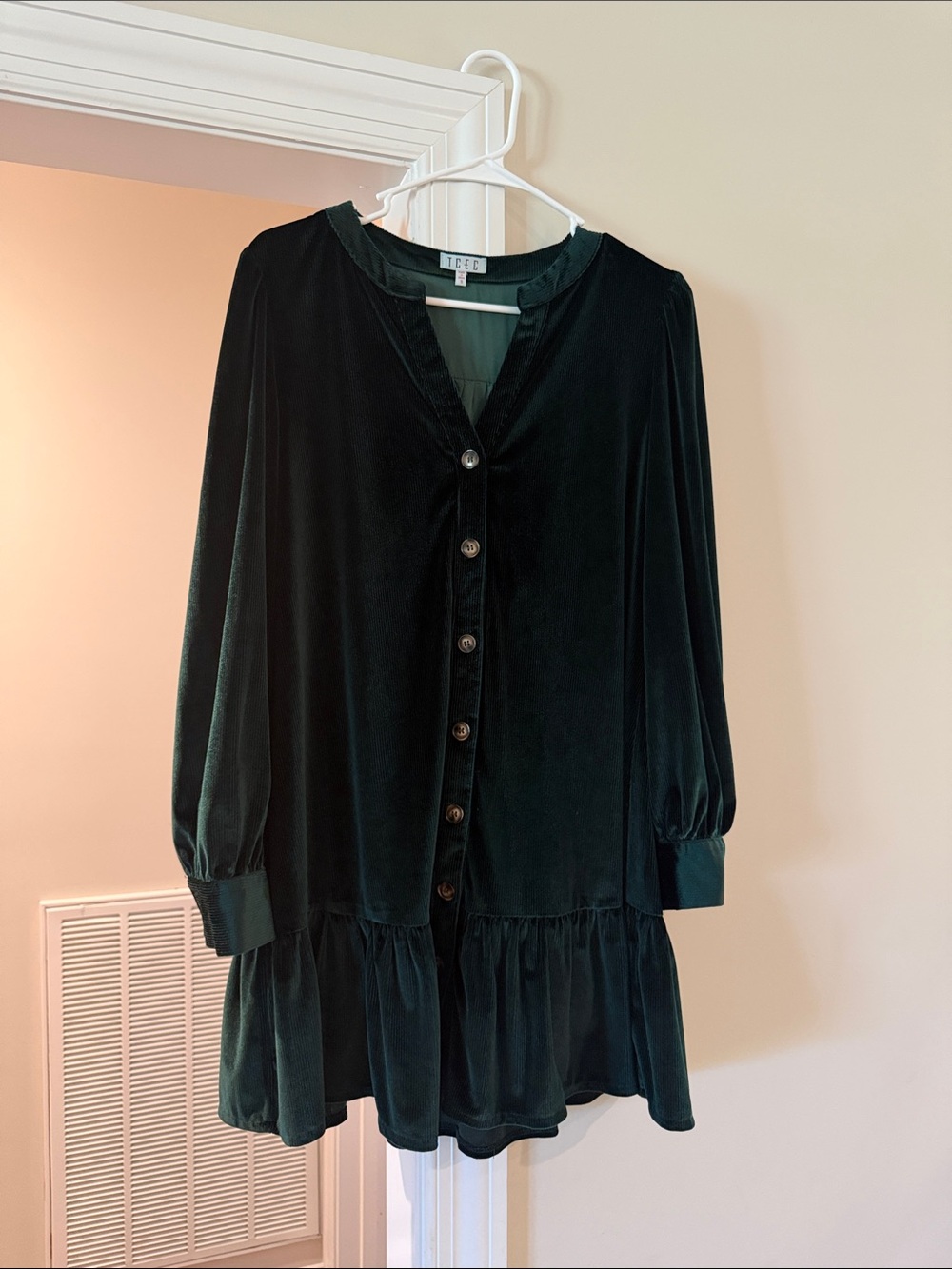 TCEC Dark Green Velvet Button-Down Long Sleeve Dress